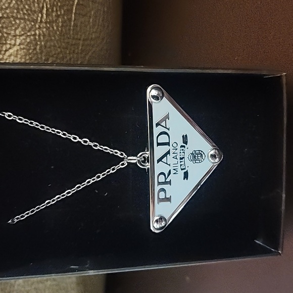 Prada Silver Triangle Pendant w/added Unbranded Necklace - Picture 5 of 5